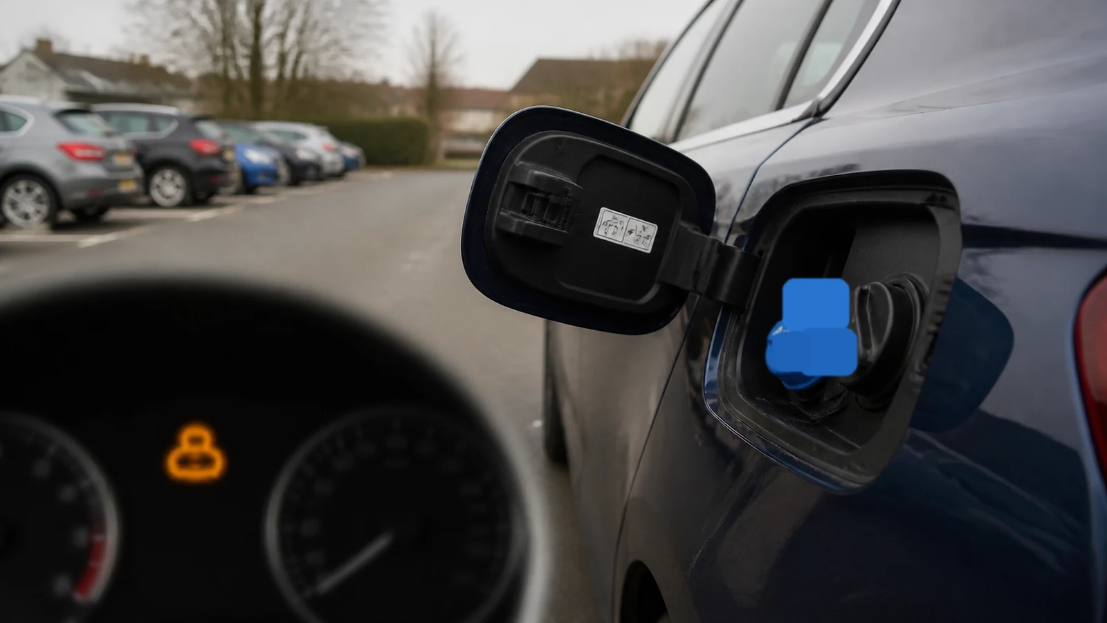 UK diesel car AdBlue filler and dashboard warning context before an MOT