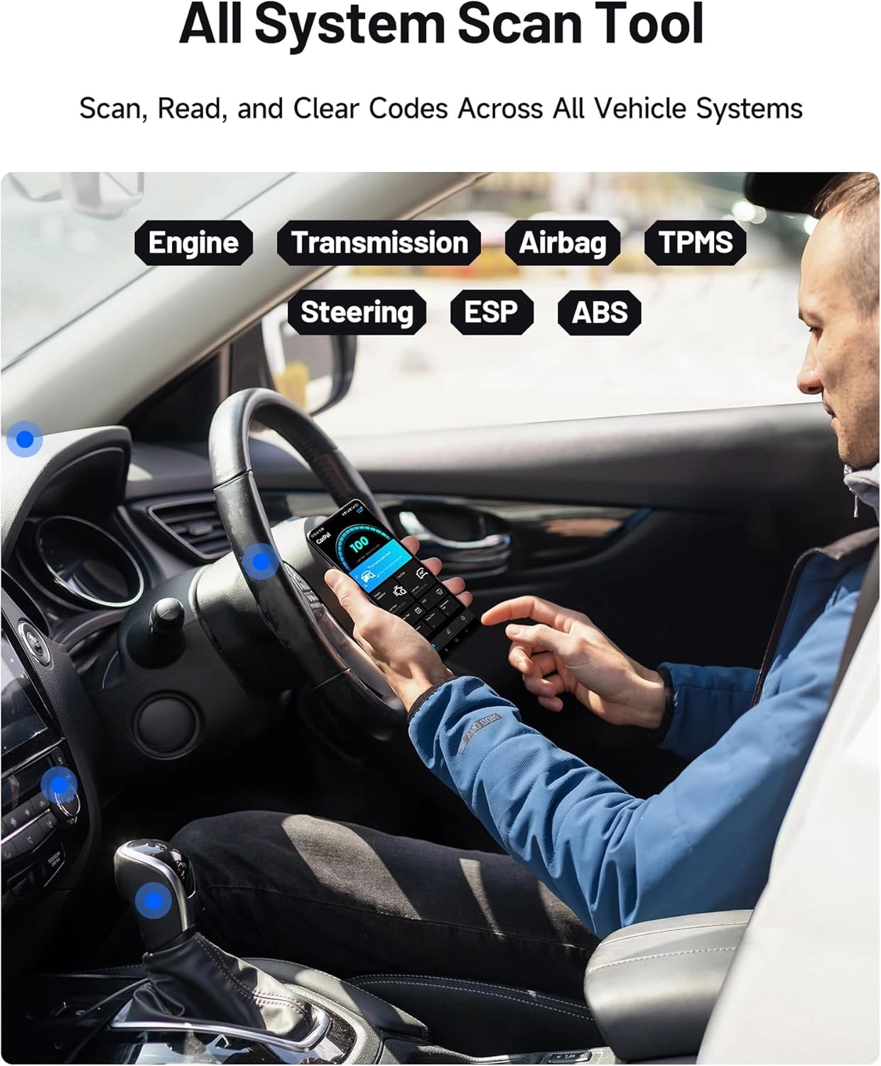 TOPDON CarPal all system scan tool showing engine transmission airbag TPMS steering ESP and ABS diagnostics