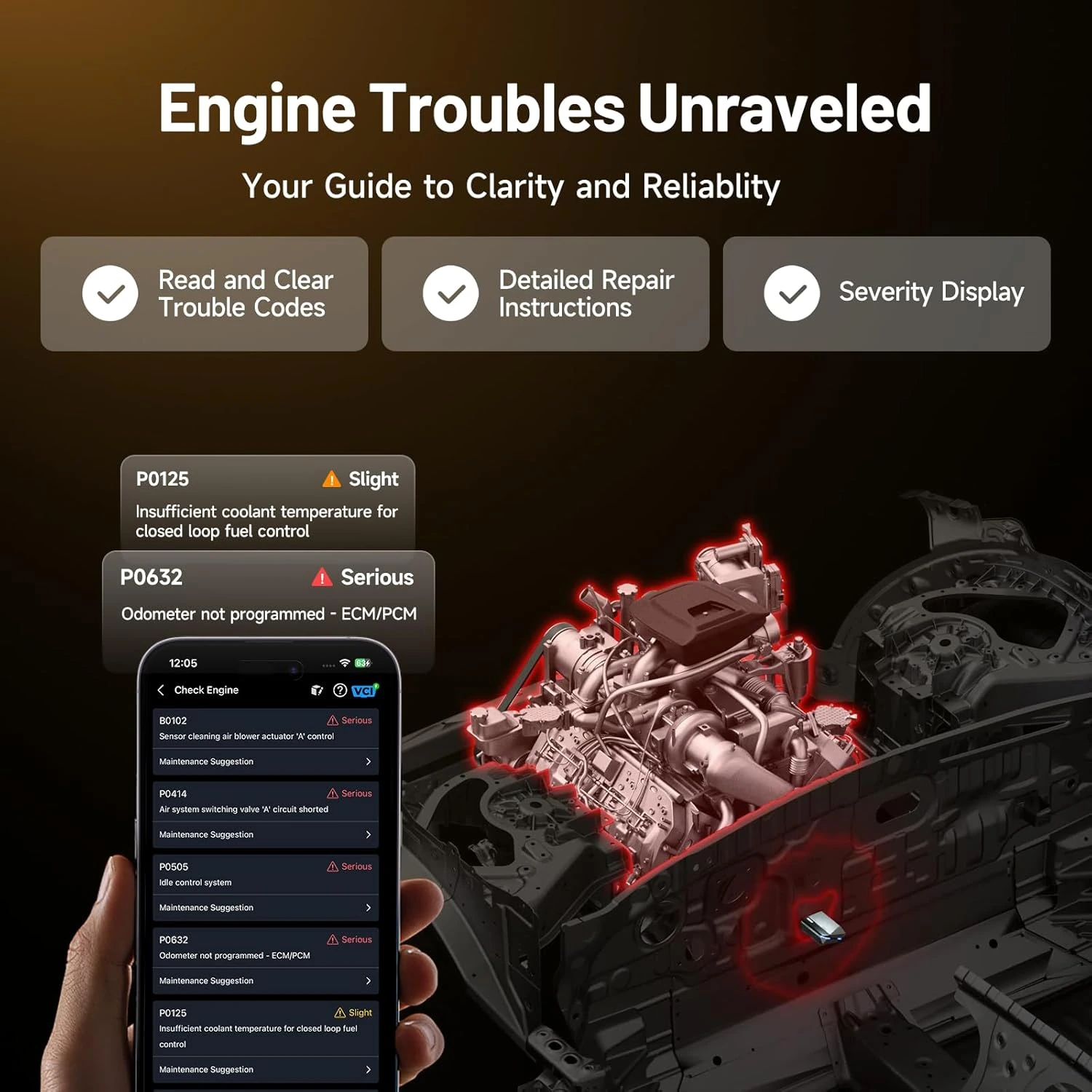 TOPDON CarPal engine trouble code repair instructions with severity display