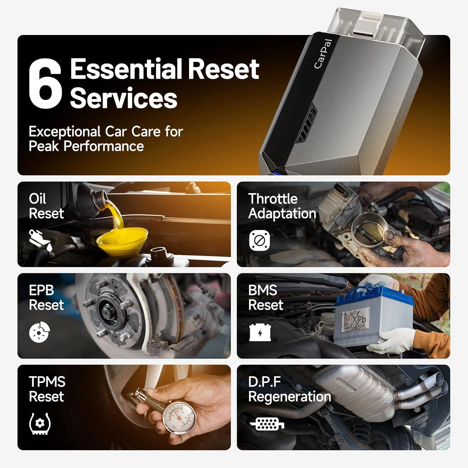 TOPDON CarPal six essential reset services including oil reset EPB BMS TPMS and DPF regeneration