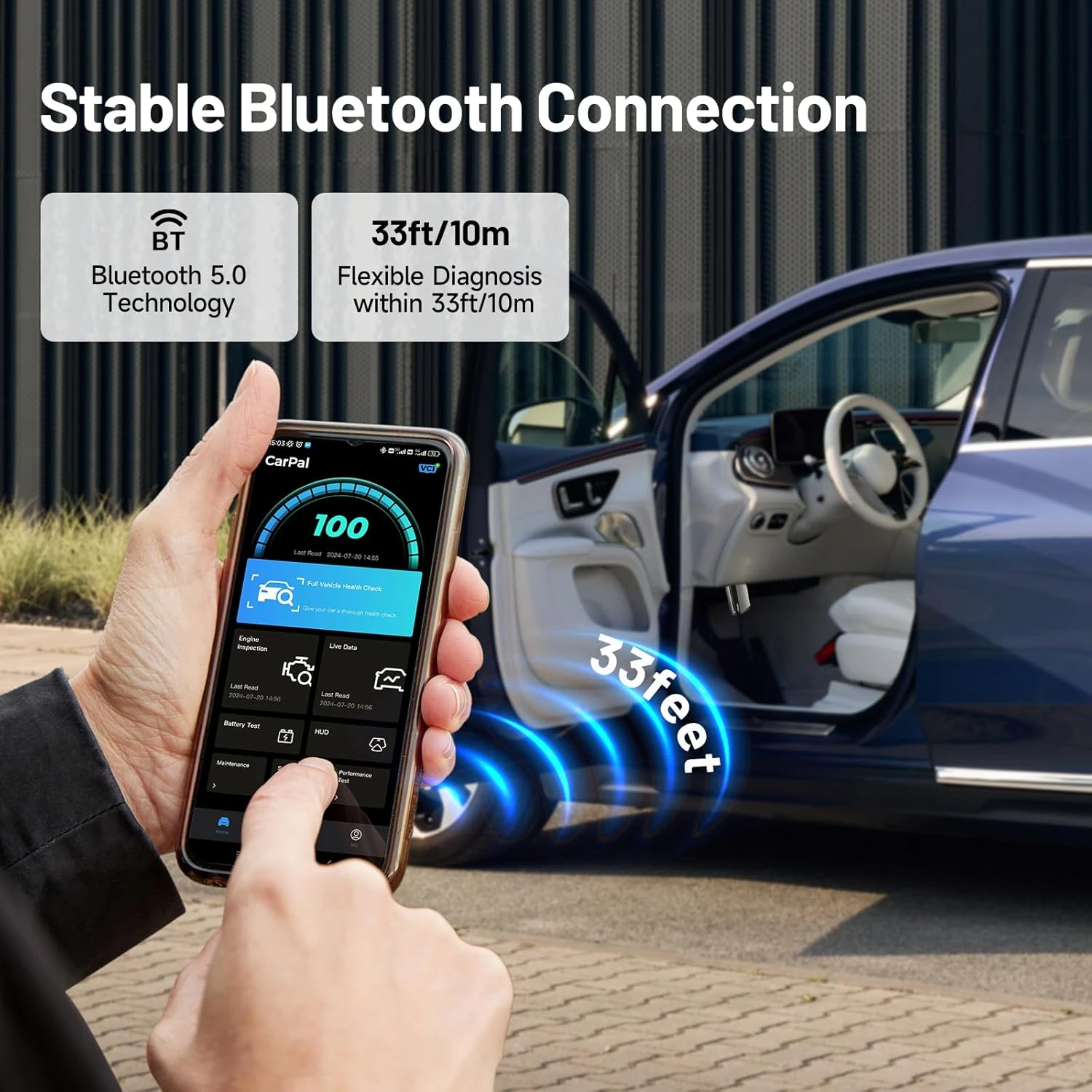TOPDON CarPal stable Bluetooth connection for car diagnostics within 33 feet or 10 metres