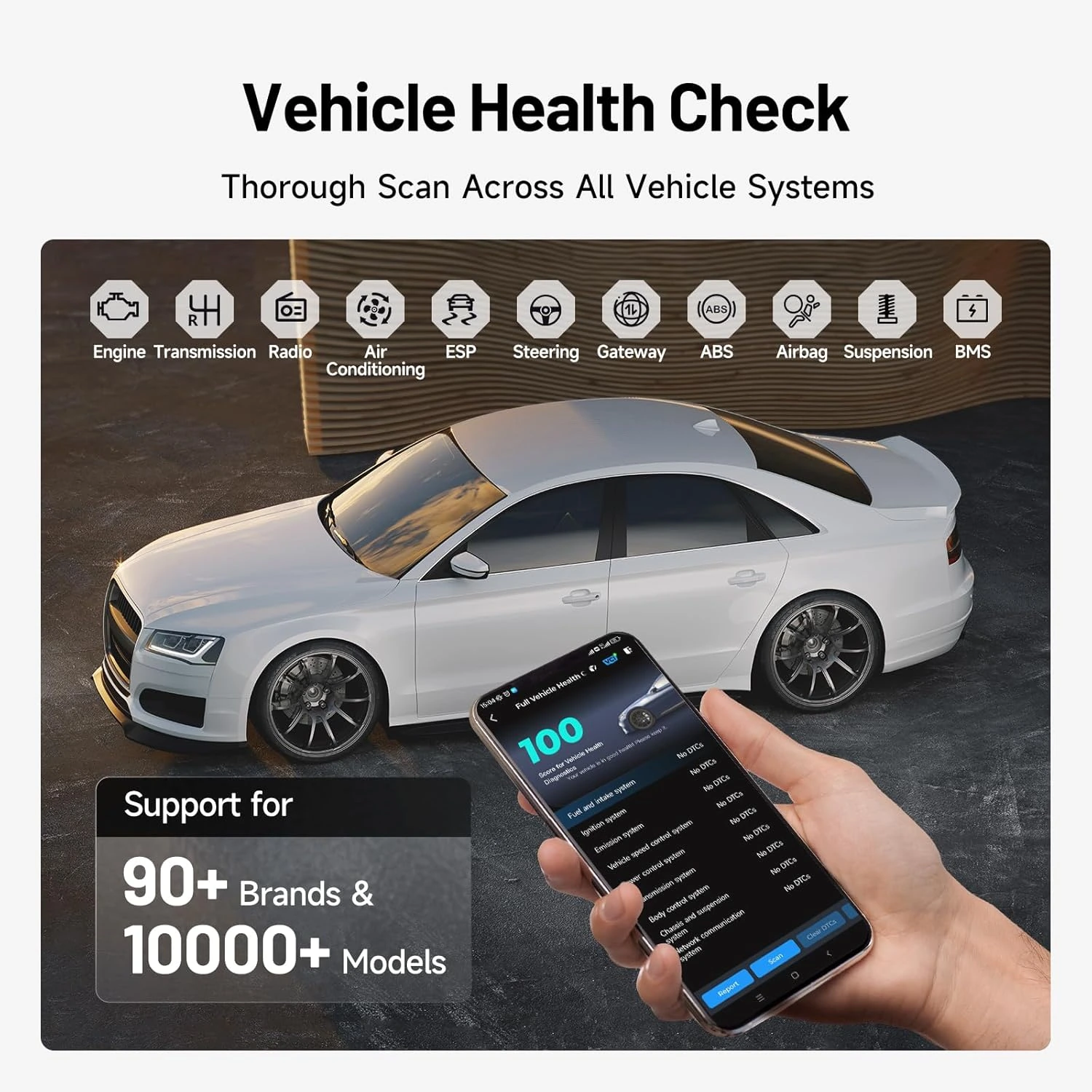 TOPDON CarPal vehicle health check showing support for over 90 brands and 10000 models
